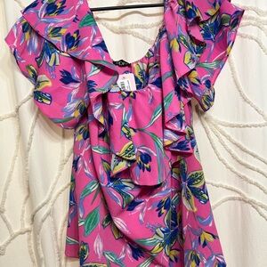 Bright Pink Floral Ruffle-Sleeve Women’s Blouse